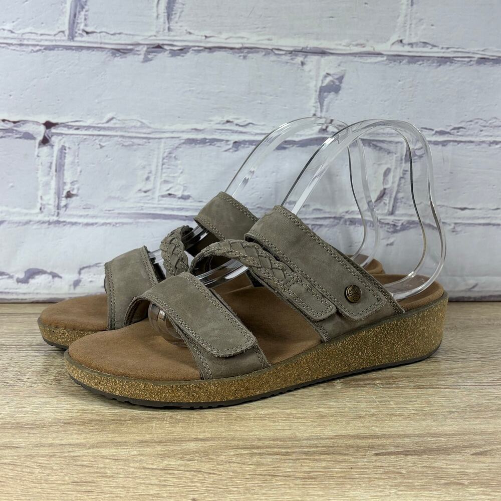 Orthofeet Carrie Taupe Leather Slides Sandals Women's 8 D Wide Comfort Wedge